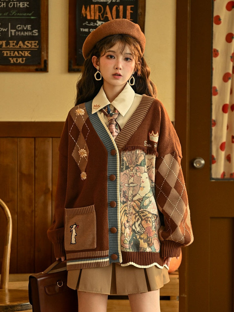 Daisies and Bunny Embroidery Brown Cardigan