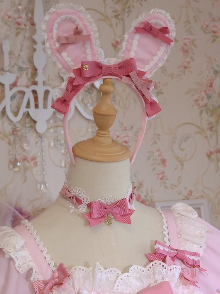 Pink Bowknot Details Lace Trim Bunny Ear KC