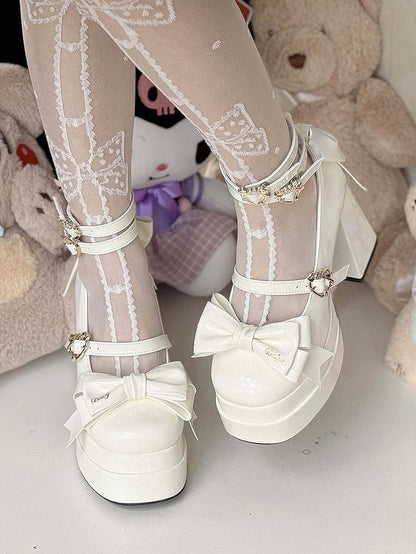 White Bow Accents High Block Heel Platform High Heels