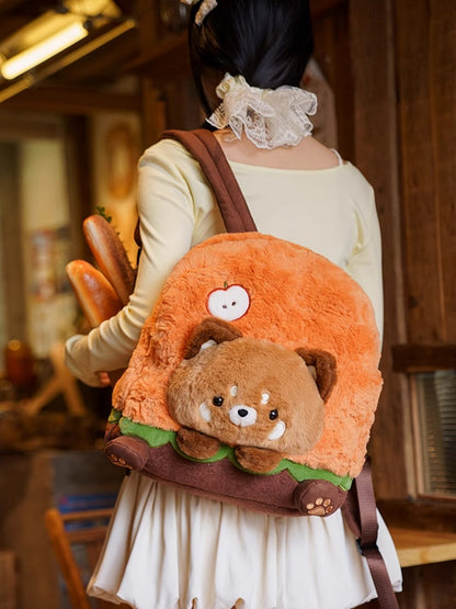 Brown&Orange Apple Design Cute Plush Hamburger Red Panda Backpack Middle/Large Size