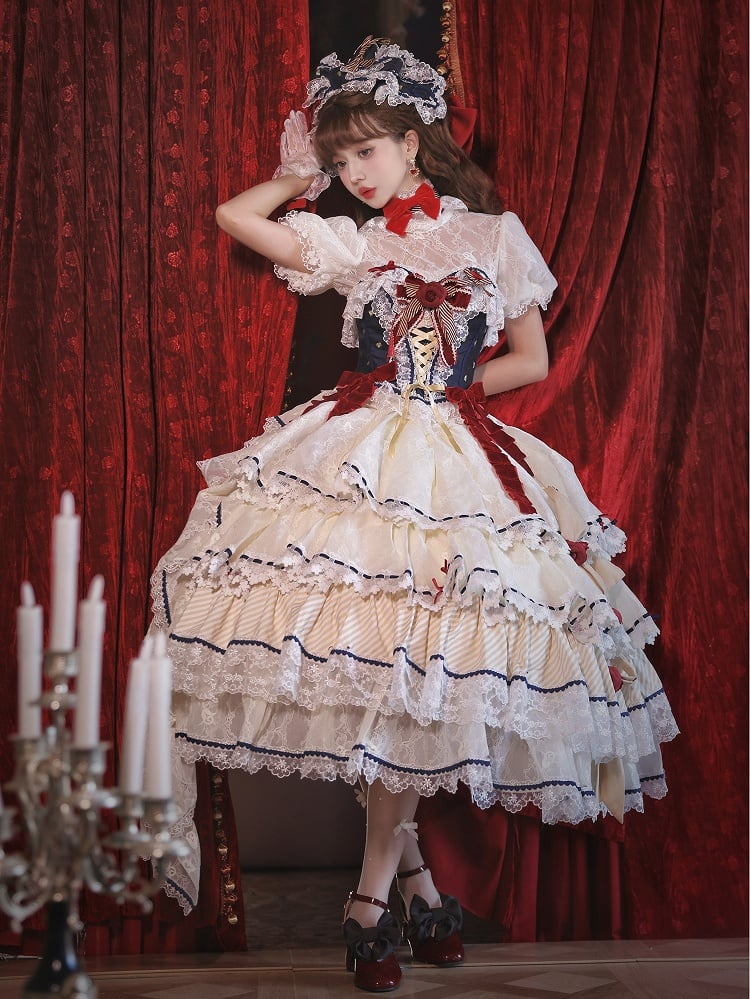 Snow White Vibes Dark Blue and Red Boned Corset Top + Tiered Skirt Gorgeous Hime Lolita Full Set