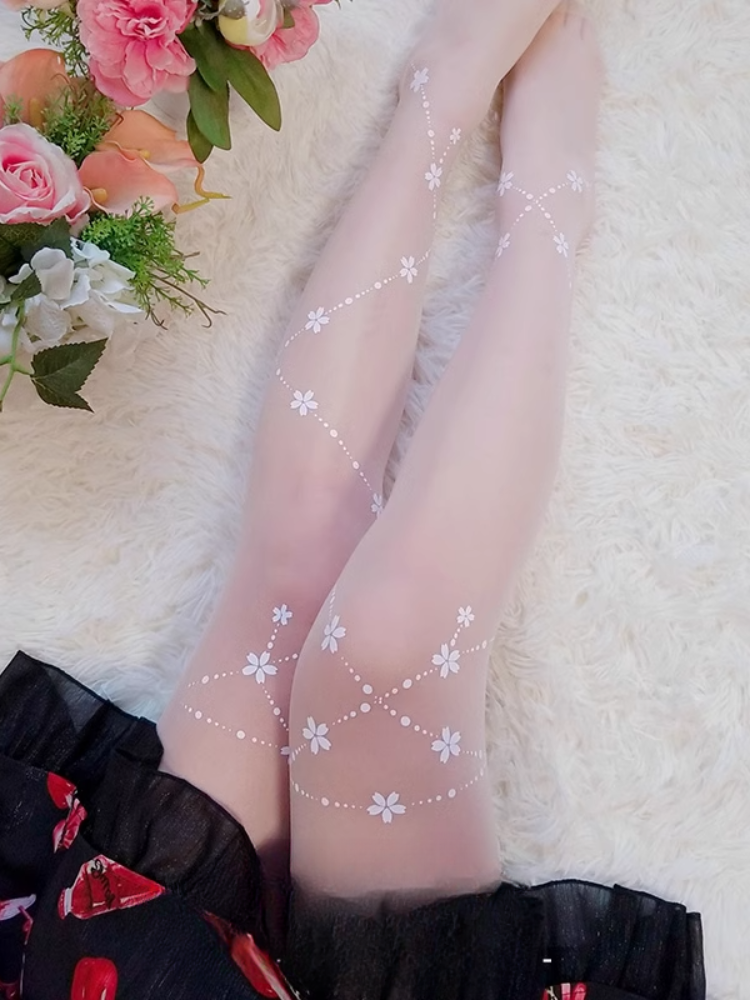 White Semi-sheer Sakura Pattern Lolita Tights