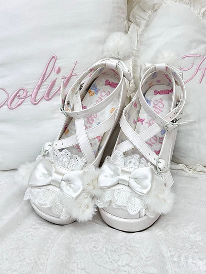 White Crisscross Design Plush Bunny Ear Decorated Bow at Top Platforms With Pompon