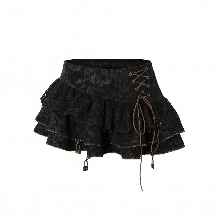 Black  Lace-up Details Lace Trim Tiered Skirt