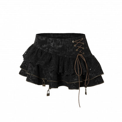 Black  Lace-up Details Lace Trim Tiered Skirt
