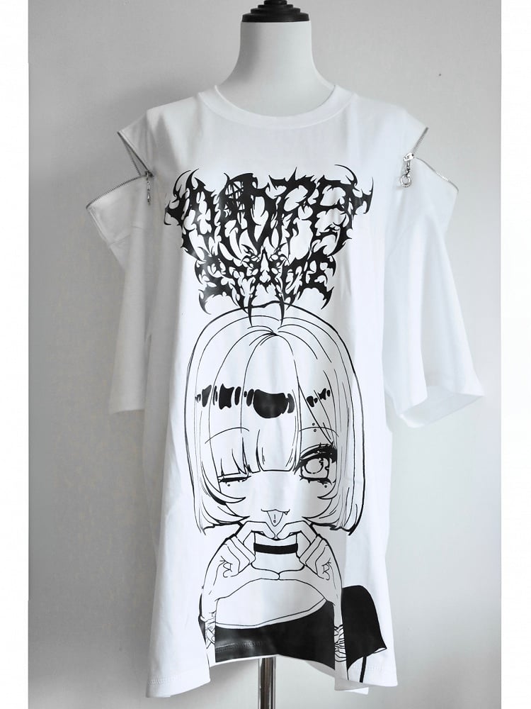 White Jirai Kei Cartoon Girl Print Round Neck T-shirt