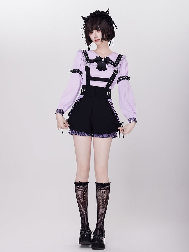 Purple Jirai Kei Lace Trimming Sailor Collar Long Sleeves Blouse