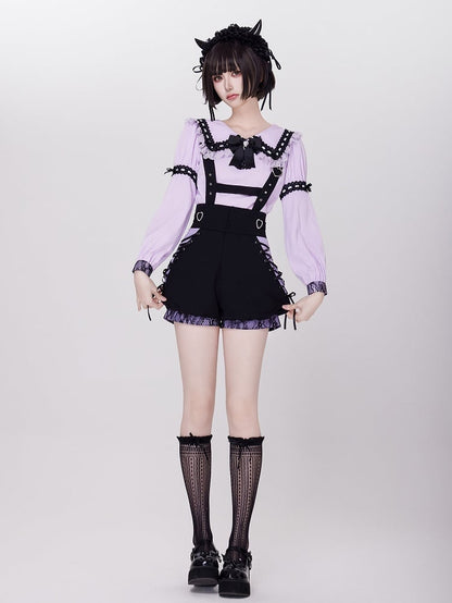 Purple Jirai Kei Lace Trimming Sailor Collar Long Sleeves Blouse