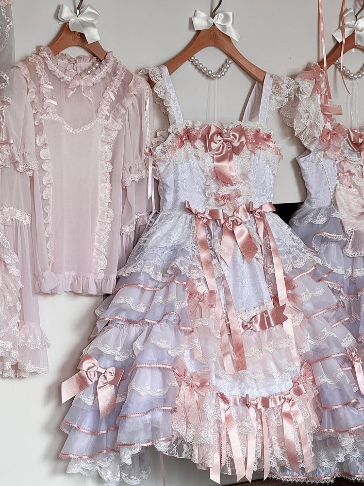 Purple and Pink Bow Accents Tiered Skirt Hanayome Hime Lolita Jumper Skirt