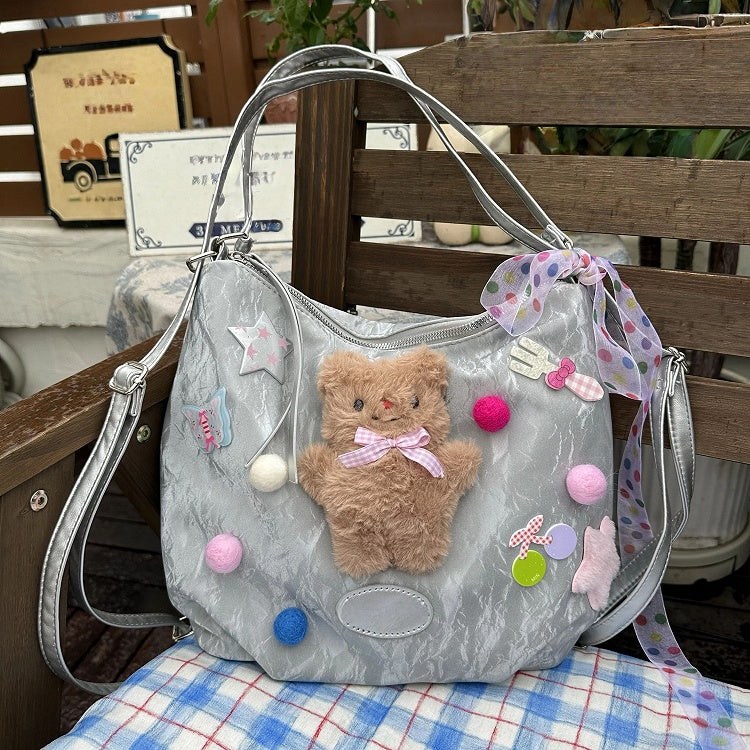Silver Y2K Plush Teddy Bear Backpack/Shoulder Bag - Sweet-Edgy & Spacious for Commutes