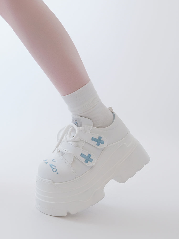 Yami Kawaii Matte White Cross Velcro Strap Kitty Ears Design Platform Shoes