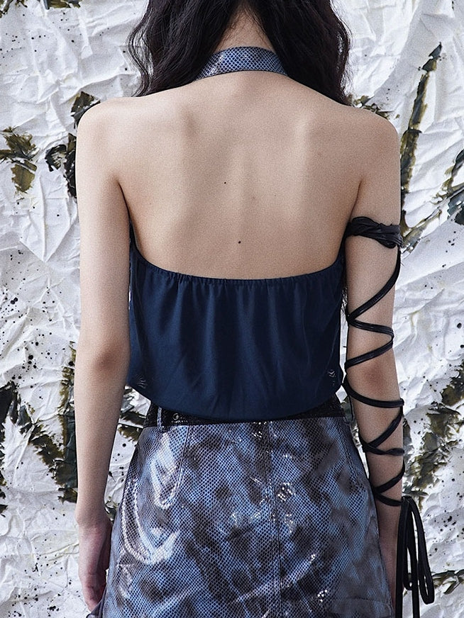 Navy Blue Zip Closure Halter Neck Punk Top