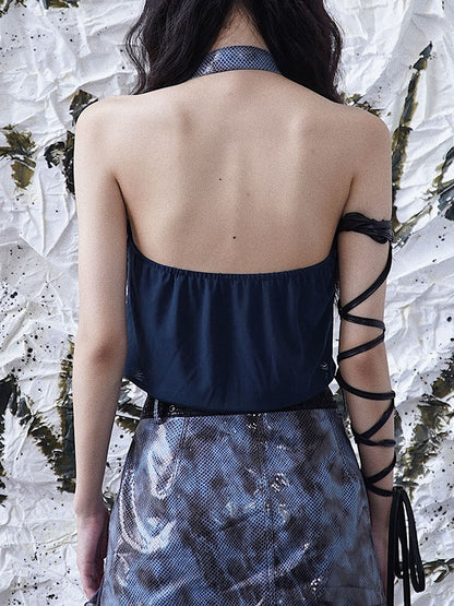 Navy Blue Zip Closure Halter Neck Punk Top