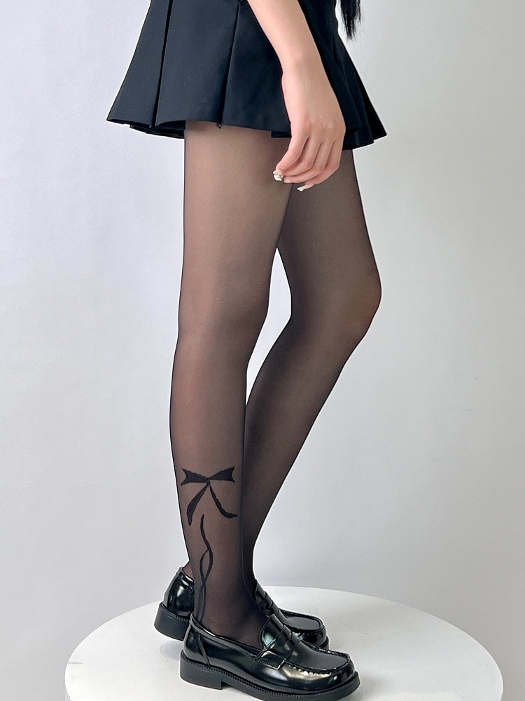 Black Y2K Bowknot Print Tights