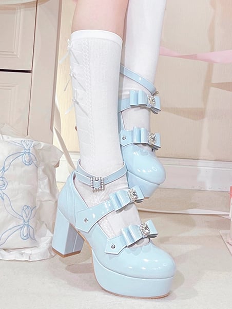 Buckle Ankle Strap Blue Rhinestoned Bowknots Jirai Kei Platform High Heels