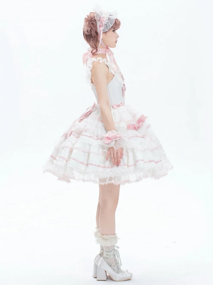 White and Pink Sweet Bow Accents Princess Lolita Jumper Skirt