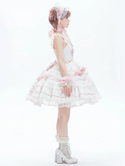 White and Pink Sweet Bow Accents Princess Lolita Jumper Skirt