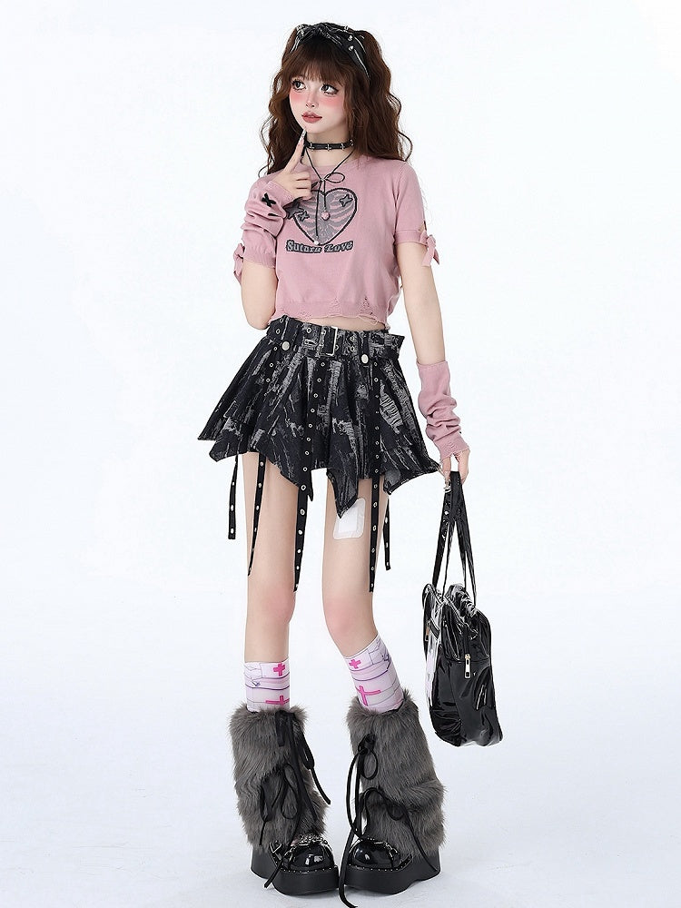 Tie Dye Black and Gray Handkerchief Hem Skirt