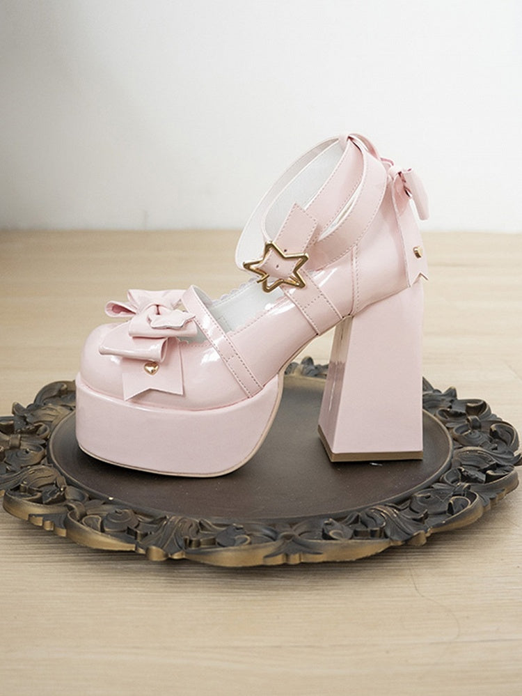 Pink Bow at Top Crisscross Design Sweet Lolita Platform High Block Heels