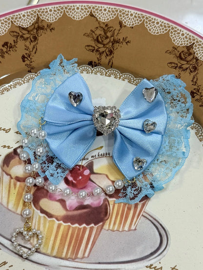Blue Beaded Charm Rhinestone Heart Decorated Lace Trim Bowknot Hairclip