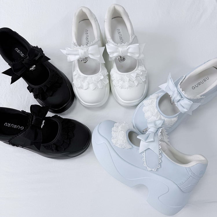 White Lace Trim Bowknot Velcro Strap Closures Jirai Kei Platforms