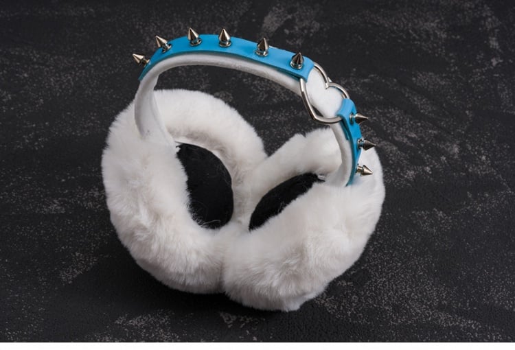 White & Blue Handmade Heart Ring Studded Plush Earmuffs
