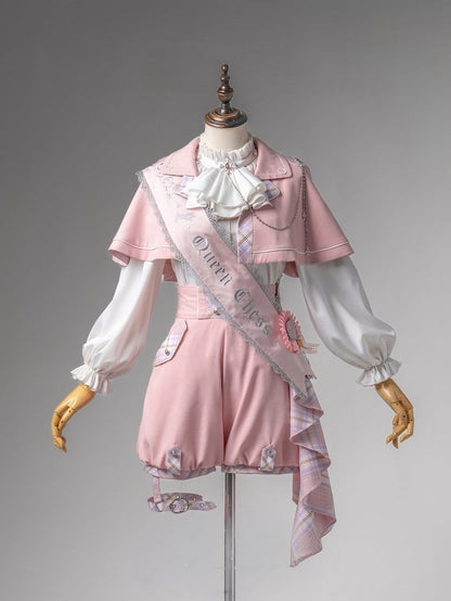 Pink and White Prince Ouji Lolita Outfit - White Shirt + Pink Cape + Pink High Waist Shorts