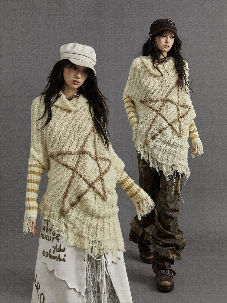 Light Yellow Vintage Punk Batwing Sleeves Loose Five-pointed Star Sweater