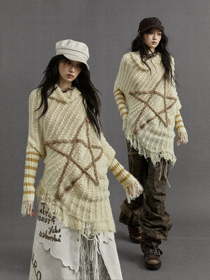 Light Yellow Vintage Punk Batwing Sleeves Loose Five-pointed Star Sweater