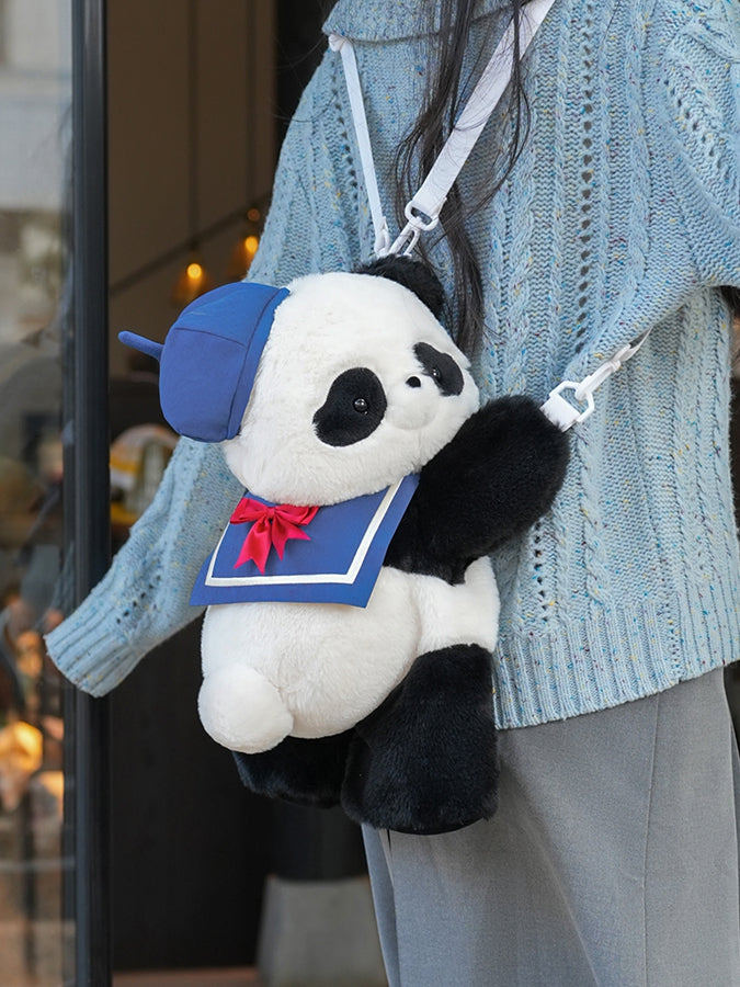 Cute Panda Plush Backpack/Crossbody Bag + Blue Hat + Sailor Collar Middle/Large Size