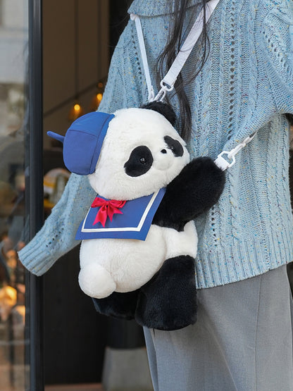 Cute Panda Plush Backpack/Crossbody Bag + Blue Hat + Sailor Collar Middle/Large Size