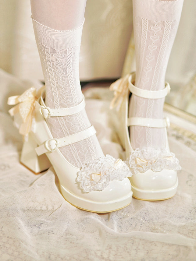 White Knotted Bow at Top Lace Trim Heart Buckles High Block Heels