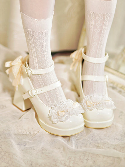 White Knotted Bow at Top Lace Trim Heart Buckles High Block Heels