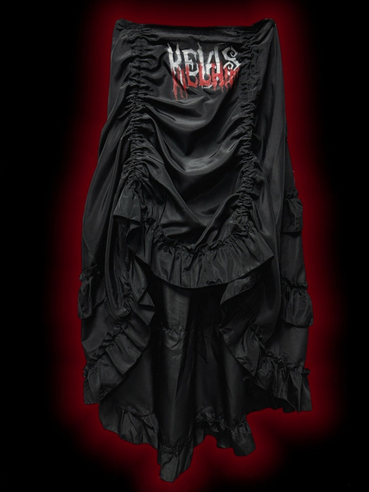 Gothic Black Letters Print Ruched Design High-low Punk Skirt with Free Cross Charms Waist Chain