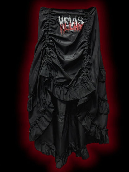 Gothic Black Letters Print Ruched Design High-low Punk Skirt with Free Cross Charms Waist Chain