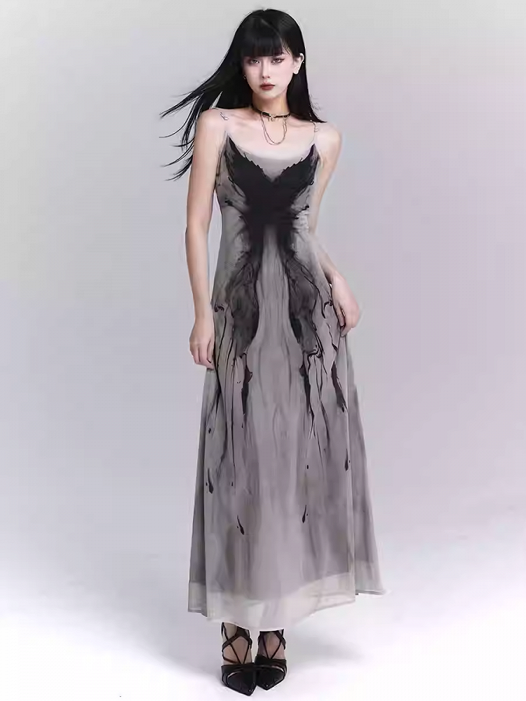 Gothic Gray Butterfly Print Slim-fitting Slip Dress
