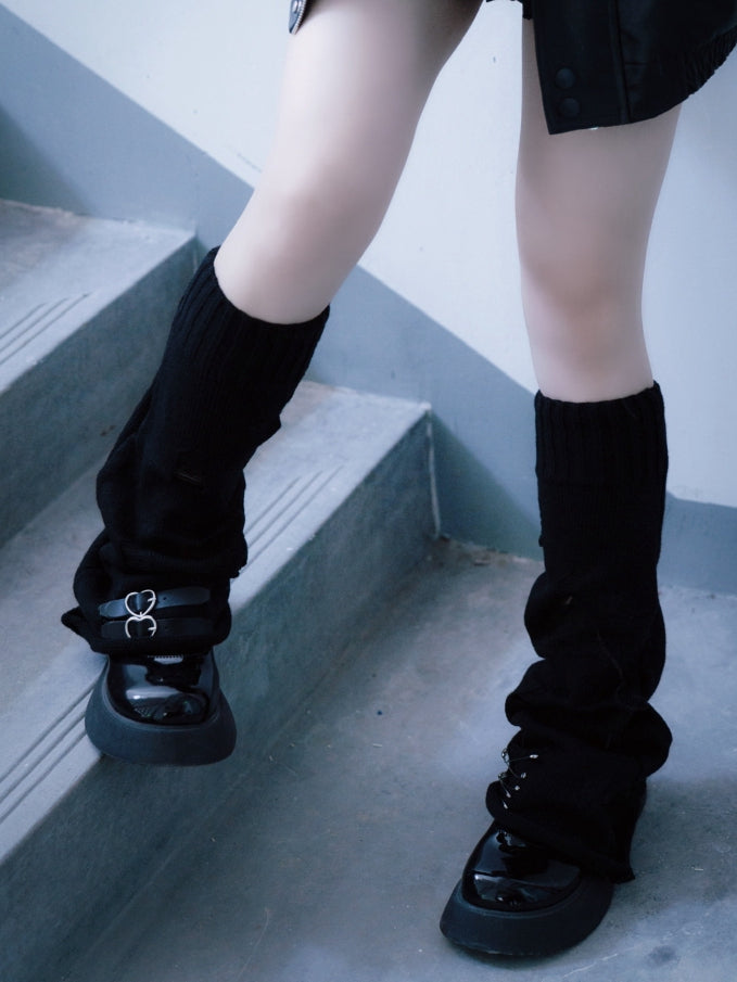 PU Buckles Gothic Black Distressed Holes Leg Warmers