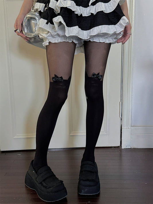 White/Black Sweet Cat Pattern Tights With Bow