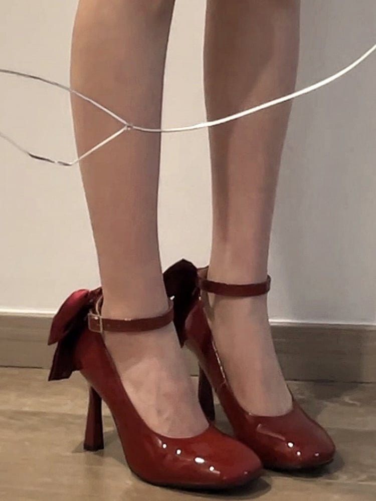 Wine Red Detachable Bow Lolita High Heels