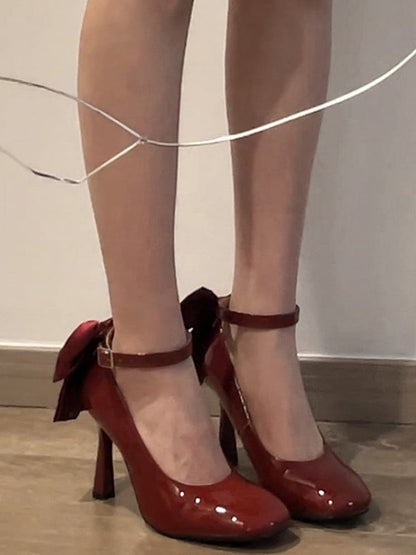 Wine Red Detachable Bow Lolita High Heels