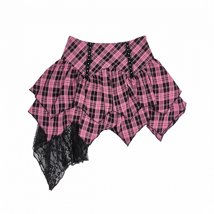 Pink and Black Plaid High Waist Handkerchief Hem Tiered Skirt