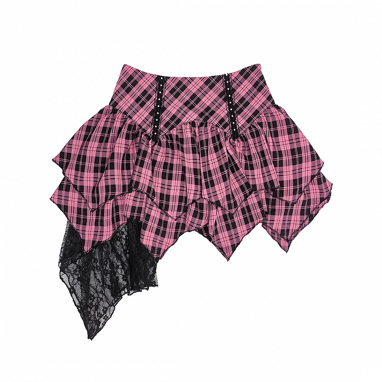 Pink and Black Plaid High Waist Handkerchief Hem Tiered Skirt