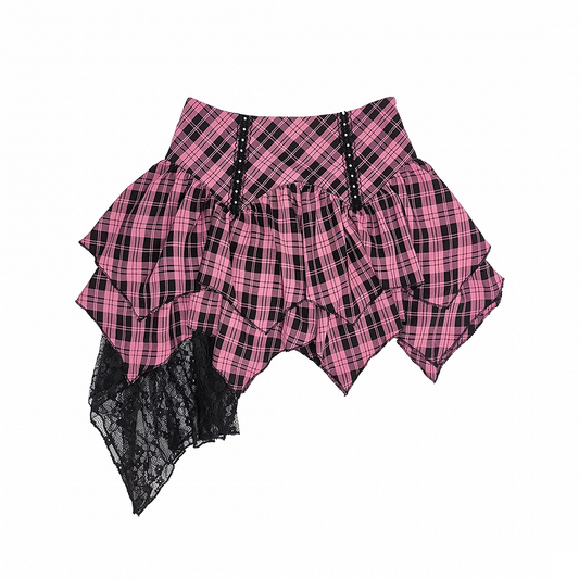 Pink and Black Plaid High Waist Handkerchief Hem Tiered Skirt
