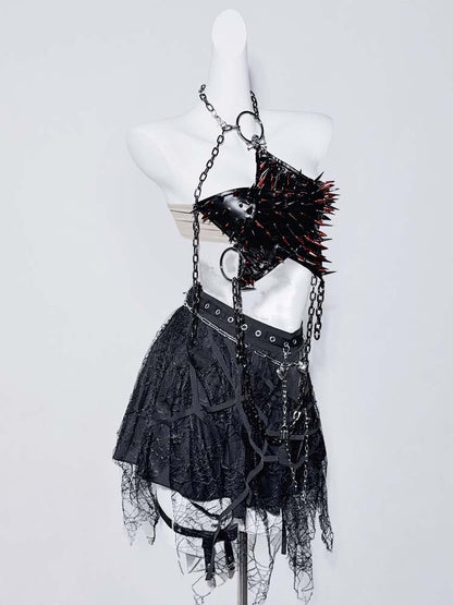 Punk Black PU Halter Neck Studs and Chain Star-shaped Backless Top