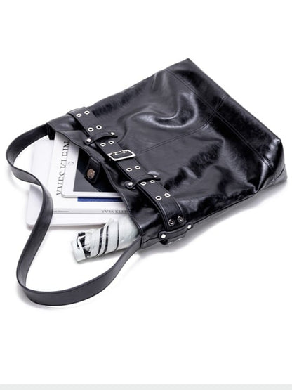 Elegant Black Tote Bag With Belt Buckle Accent - Perfect For Commuting