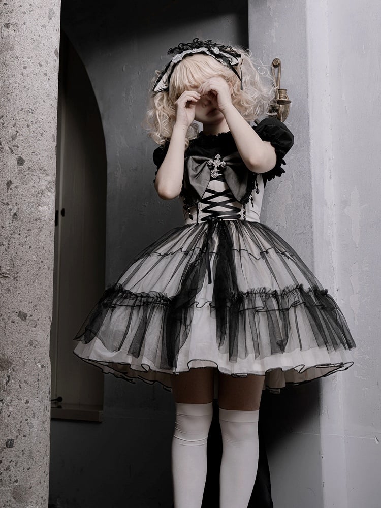 Plus Size Friendly Gothic Cross Big Bow Neckline Jumper Skirt Black and White