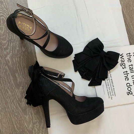 Glittering Black Detachable Bow Hime Lolita Platform High Block Heels