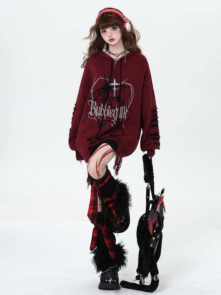 Wine Red Gothic Spiderweb Distressed Holes Hooded Sweater