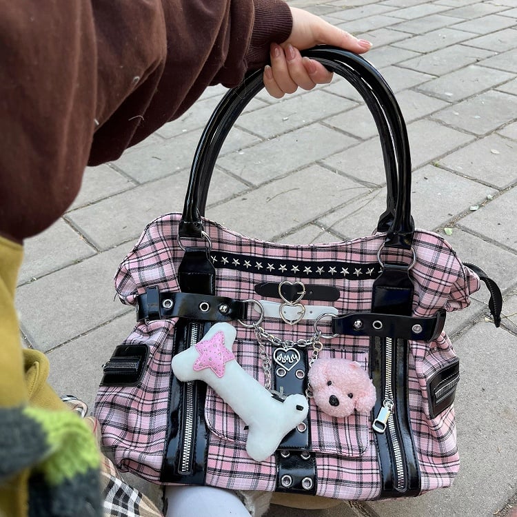 Black & Pink Plaid Y2K Shoulder Bag with Puppy and Bone Plushie