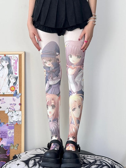 White Cartoon Girl Print Tights